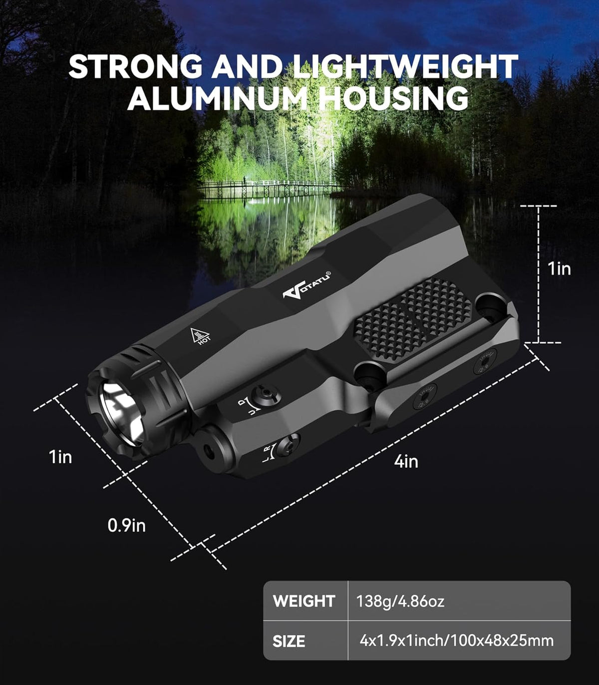 VOTATU M6L-G Flashlight Laser Combo - 2400 Lumens LED Light with Green Laser & Tactical Strobe | USB Rechargeable