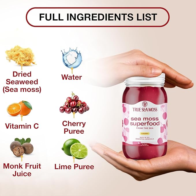 TrueSeaMoss Sea Moss Gel – Made in USA – Wildcrafted Seamoss, Fresh Fruits & Sea Vegetables – Cherry, Pack of 2 (Labels may Vary)