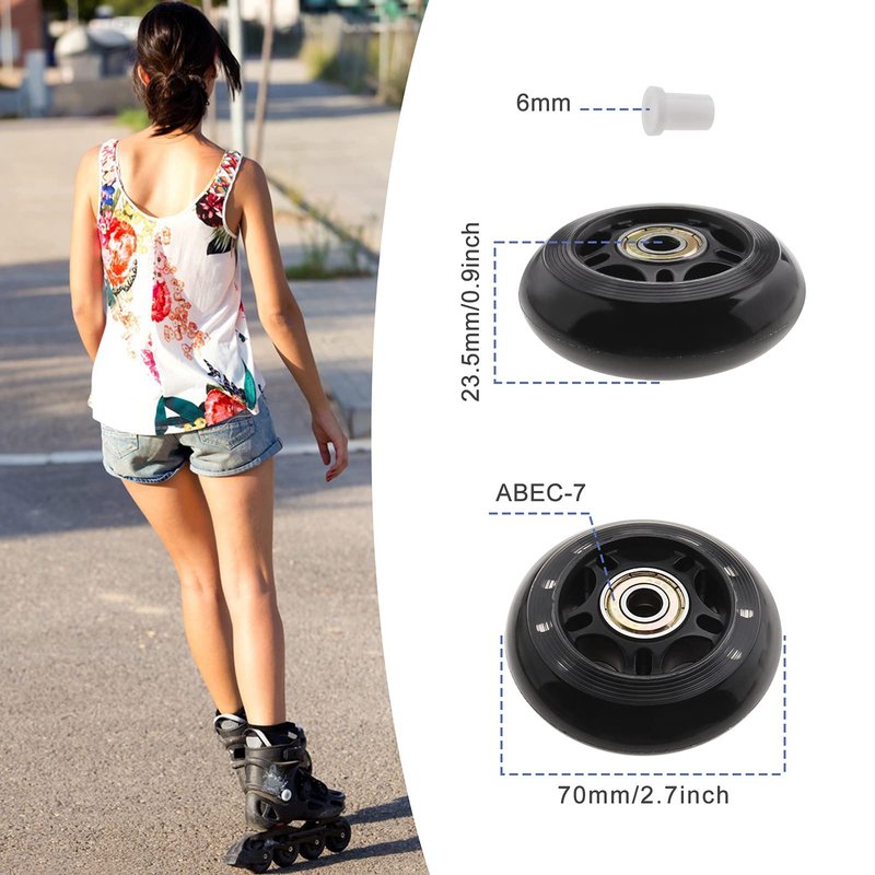 SING F LTD 8pcs 70mm 82A Skating Wheels with ABEC-7 608ZZ Bearing for Boys & Girls Indoor Outdoor Recreational Riding with 6mm White Plastic Spacers Replacement Black PU