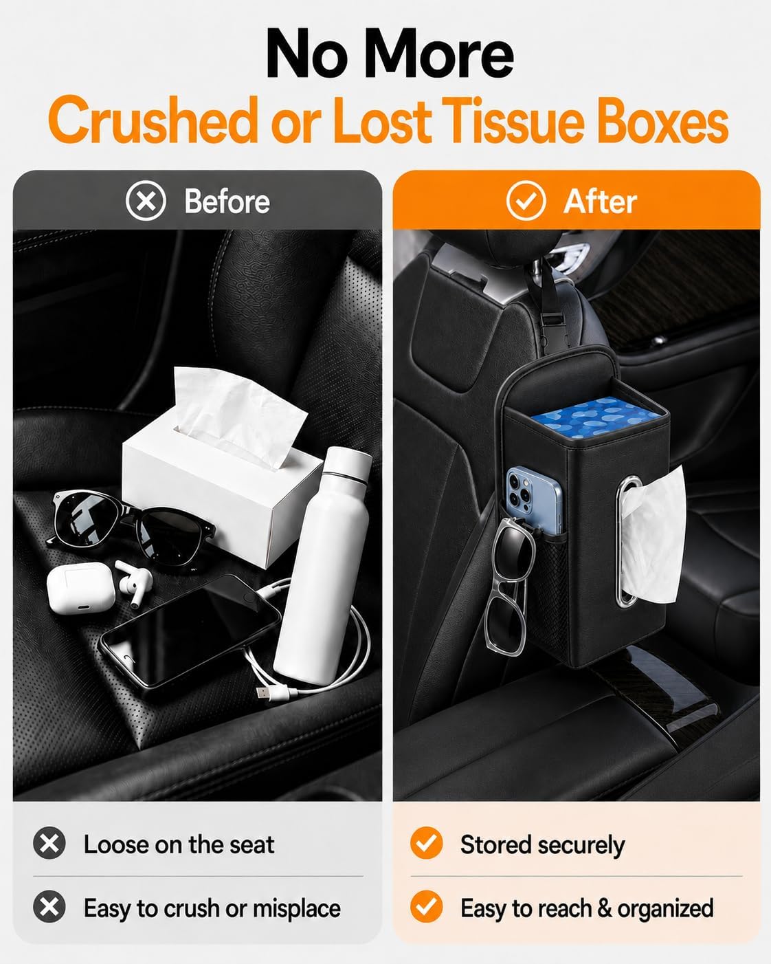 Leather Car Tissue Holder for Front & Back Seats, Car Tissue Box with 2 Side Mesh Pockets, Wide Metal Opening for Easy Pull, Fits 100–160 Count Rectangular Tissue Boxes, Black
