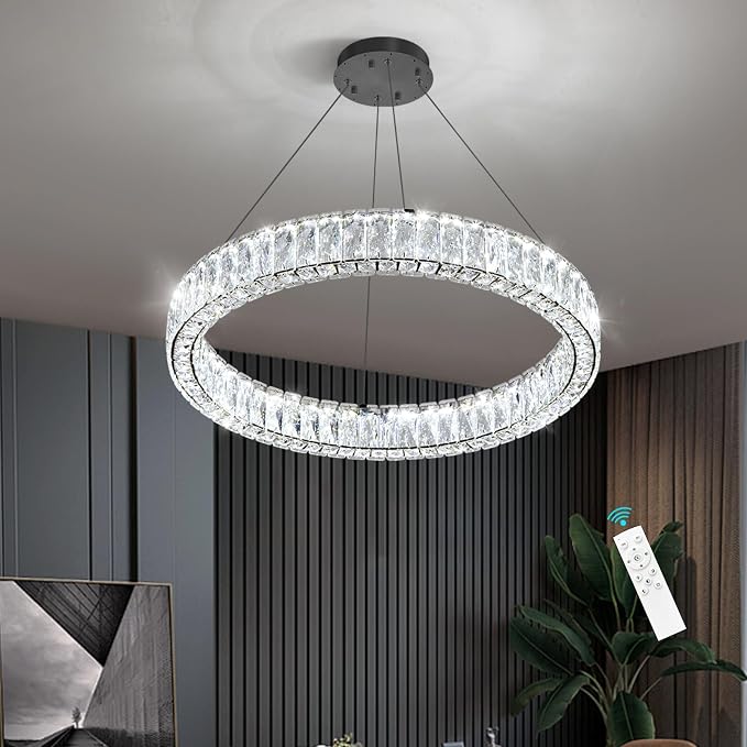 HAIXIANG Modern Crystal Chandelier Dimmable LED Ring Pendant Lights Adjustable