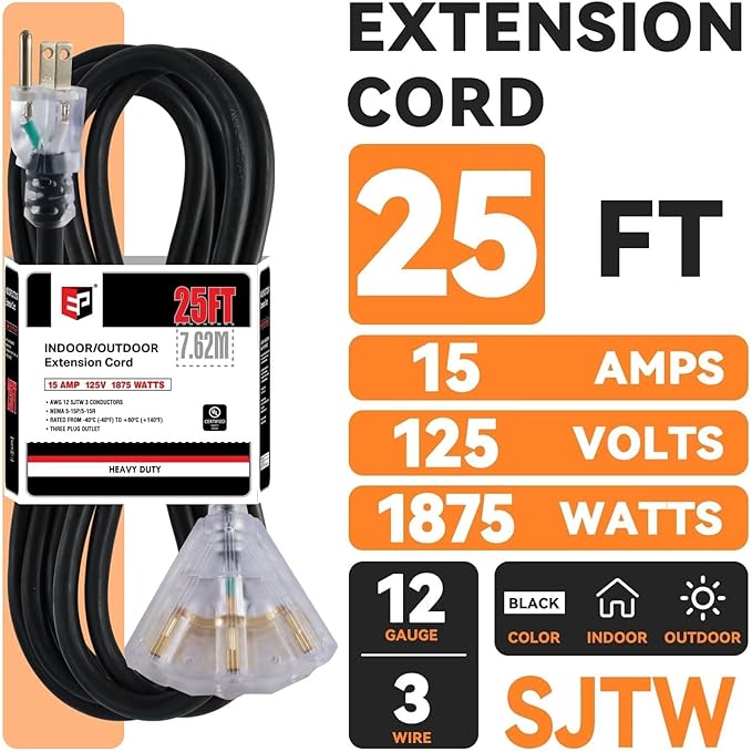 EP 25 Ft 12 Gauge Heavy Duty Extension Cord, 15A 125V 1875W, 3 Outlet Indoor/Outdoor Power Cord with Lighted End, 12/3 SJTW Weatherproof Black