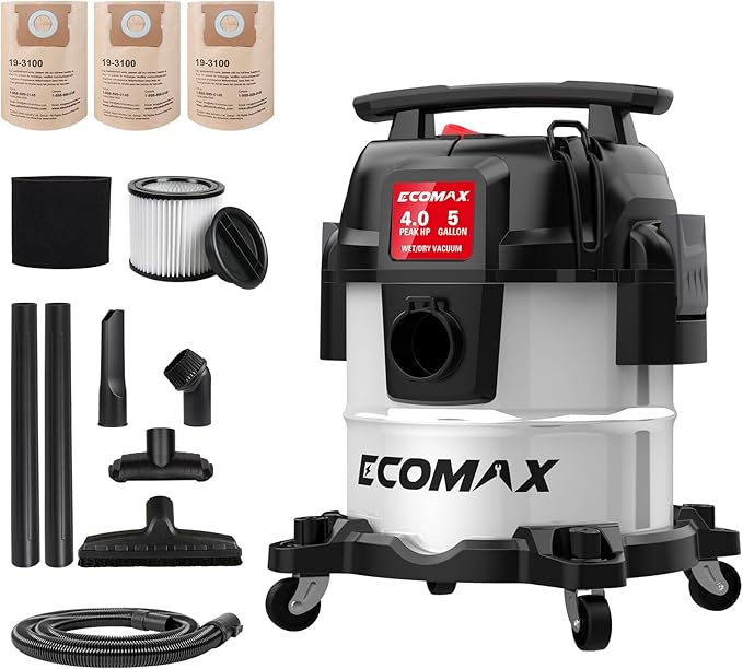ECOMAX 5 Gallon Ultra Quiet Shop Vacuum Wet and Dry, 4 Peak HP Stainless Steel Shop Vac, Up to 80% Quieter Operation, Durable Long-Life Motor, Portable Vacuum for Garage, Workshop & Jobsite