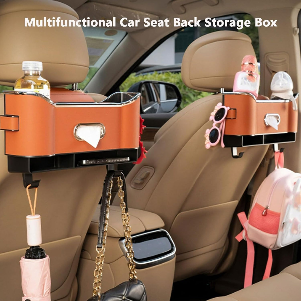 Multifunctional Car Seat Back Storage Box, Car Seat Tissue Box and Storage Box,Universal Car Tissue Organizer Back Seat with 2 Drink Cup Holder (Brown)