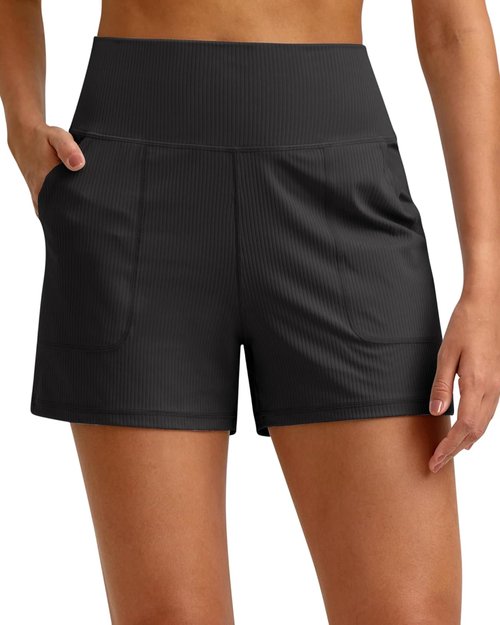 G4Free Women's High-Waisted Athletic Shorts - Ribbed Stretchy Design with Pockets | Casual Running & Golf