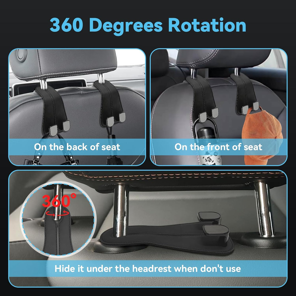 USSDE Car Seat Hooks Vehicle Headrest Back Storage Organizer 2 Pack for Purses Bags backpacks Groceries Hanger Holder - Universal Sturdy Holds 55lbs 360° Rotating (Style C/Black)