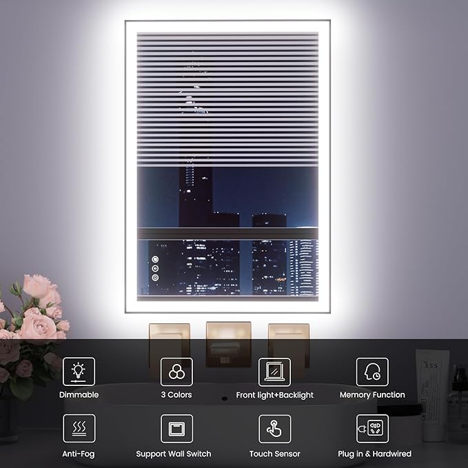 WTTY 20"X28" LED Bathroom Mirror with Black Frame, Bathroom Vanity Mirror with Lights for Wall, Front Light and Backlit, Anti-Fog, Dimmable, 3 Colors, Shatterproof, Memory, Horizontal/Vertical