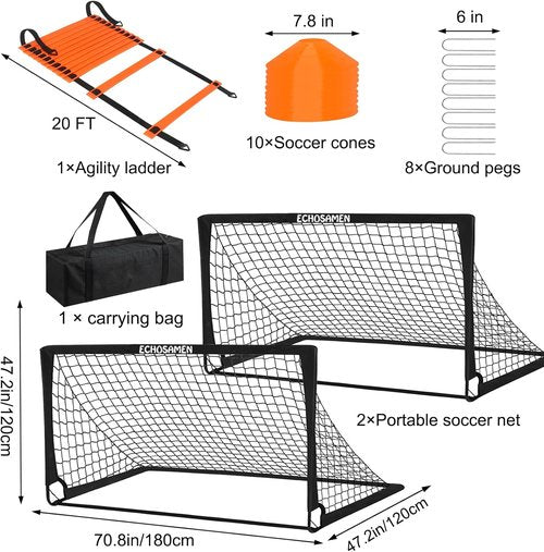 Kids Soccer Goals - Portable 6 x 4 Ft Soccer Goal Set with 10 Cones & Agility Ladder | Backyard Training Equipment