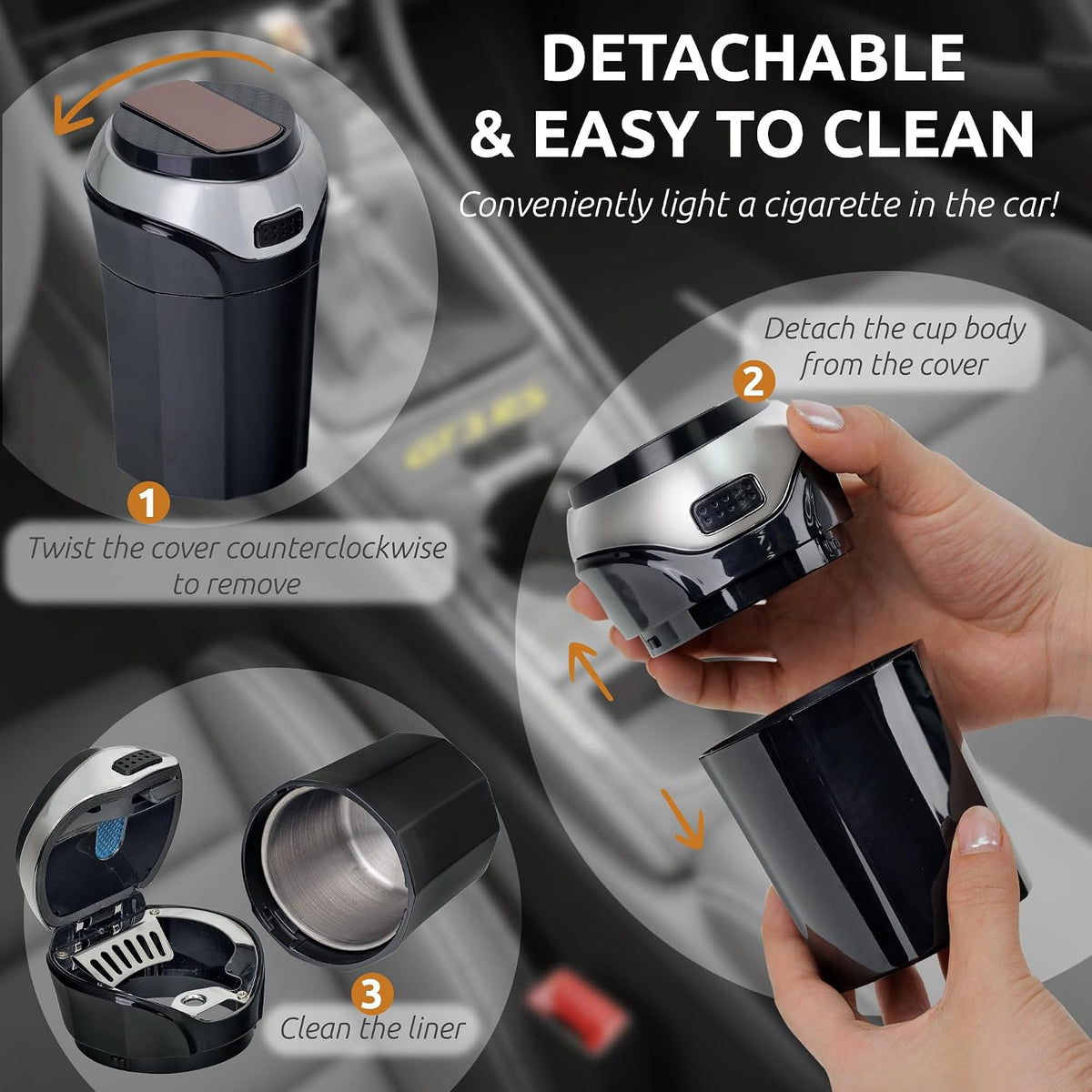 TAKAVU Car Ashtray, Detachable Stainless Lid, Blue LED & Lighter (Silver) | Easy Clean-Up Detachable Ashtray, Fits Most Vehicle Cup Holders, Removable Lighter & Illuminated Lid