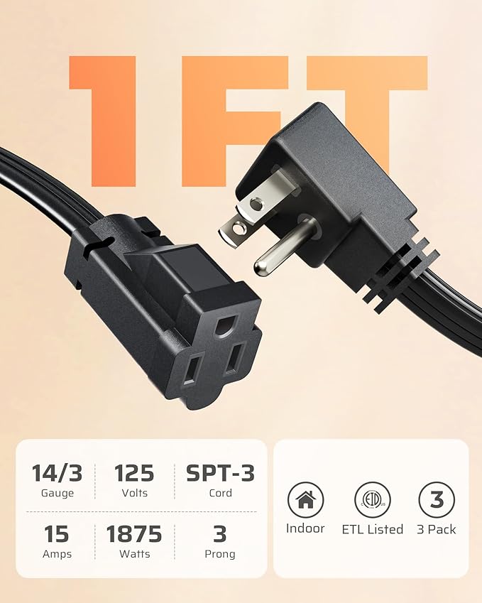 DEWENWILS 1 Ft Extension Cord with 3-Prong Flat Plug, 15A/1875W 14/3 SPT-3 Flat Wire, Space-Saving for Home Office Appliances & Electronics, ETL Certified, 3-Pack, Black