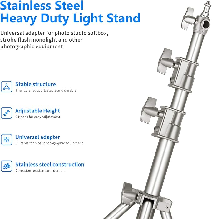 NEEWER 118"/3m Stainless Steel Light Stand, Spring Cushioned Heavy Duty