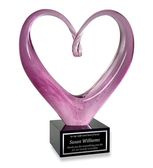 Award for Wife - Pink Heart Shaped Art Glass - Customized Trophy for Wife of The Year, Mom or Girlfriend - Personalized Gifts for Women - 9 Inches Tall