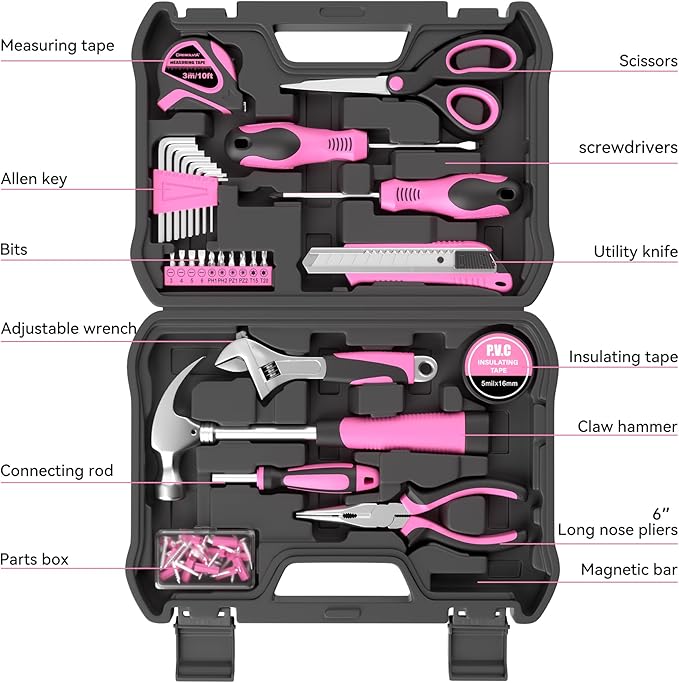 Pink Tool Kit 69 Piece Tool Kit for Women Small Basic Hand Tool Box Home Tool Set Perfect for Ladies and Girls with General Home Repairs, DIY Project,Office and College Dormitory Use
