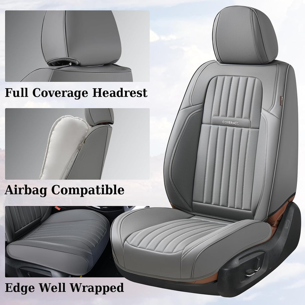 Coverado Car Seat Covers Full Set, Gray Car Seat Cover, Seat Covers for Cars, Waterproof Car Seat Protector, 5 Pieces Nappa Car Seat Cushion, Car Seat Covers Front Seats and Back Fit for Most Cars
