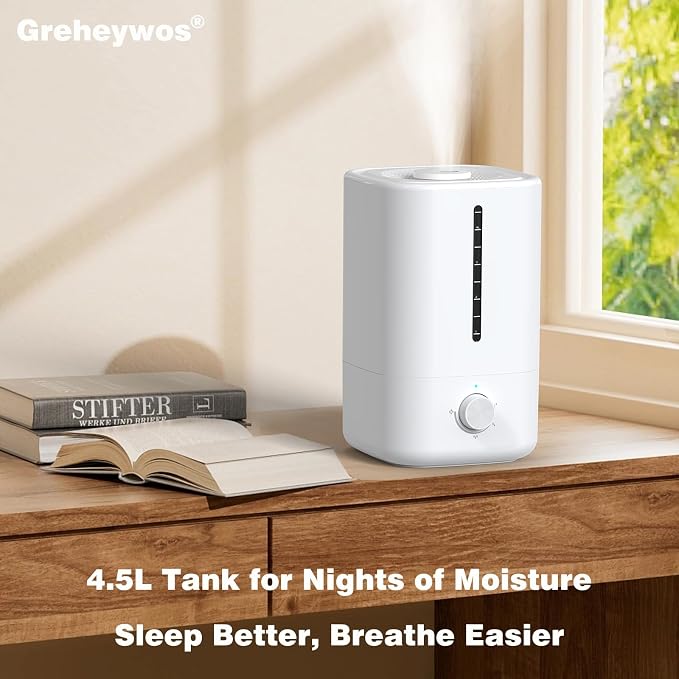 Top Fill Humidifiers for Bedroom, 4.5L Tank for Large Room, Oil Diffuser, 20dB Quiet Cool Mist Air Humidifier for Home Baby Nursery & Plants, Auto Shut-off and BPA-Free for Safety, 100H