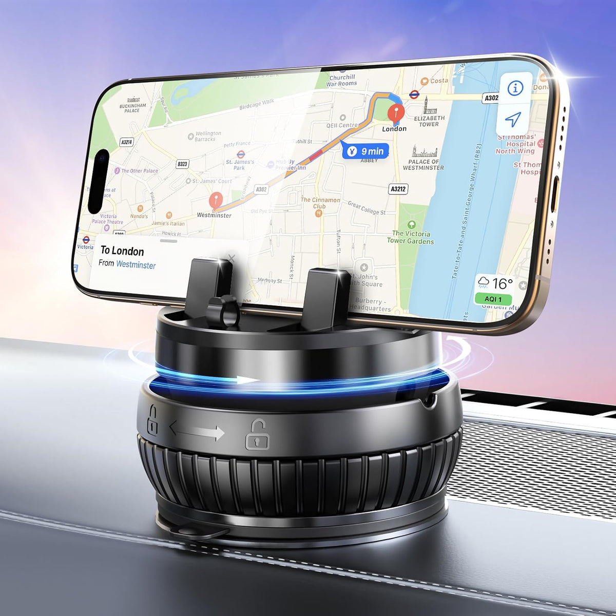 pop-tech Car Suction Dashboard Phone Holder:【360° Rotating & 30° Adjustable】 Vacuum Suction Cup Cell Phone Mount with Anti-Slip Spring Snap, Vehicle Dash Mobile Stand for iPhone Samsung, GPS Device