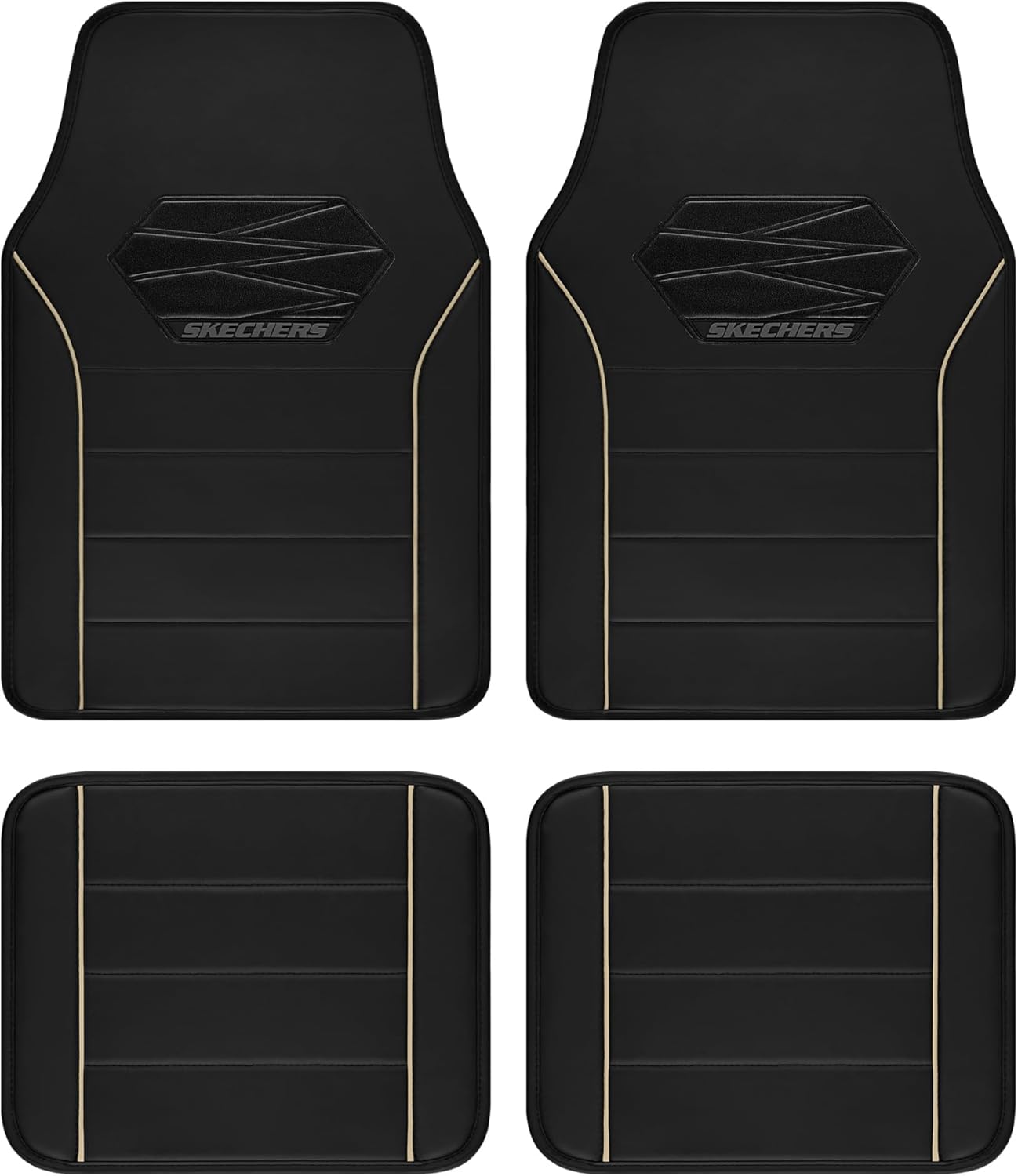 Skechers Memory Foam Car Mats, Leather Piping with Anti-Slip Pad, Universal Waterproof Fit Automotive Floor Mats for SUV, Vans, Sedans, Trucks, Full Set 4pcs Beige