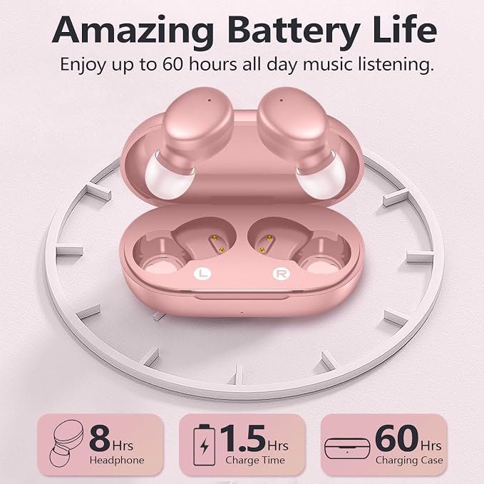 MOZOTER Mini Wireless Earbuds Bluetooth 5.3 in Ear Headphones Headsets | Light Weight,60Hrs Playtime Ear Buds with Charging Case,Smart Touch Control,Premium Sound with Deep Bass for Sport-Pink