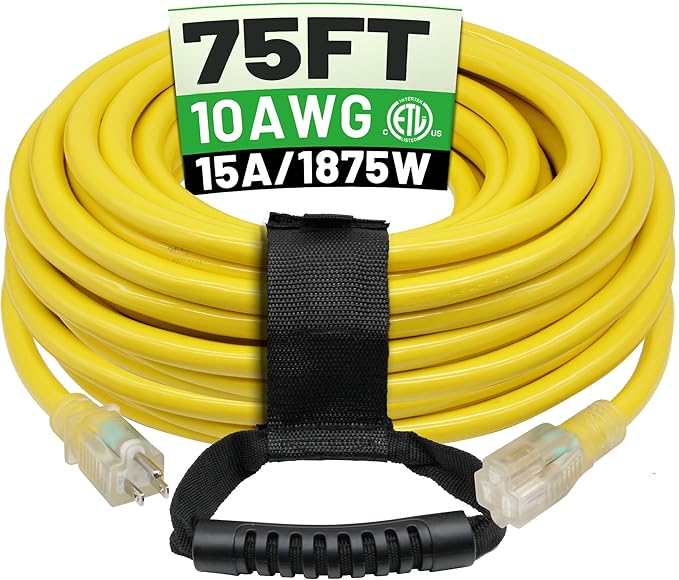 POWGRN 75 Ft 10AWG Outdoor Extension Cord Waterproof Heavy Duty 10 Gauge 3 Prong, Flexible Cold-Resistant Long Power Cord Outside with Lighted Indicator End, 15Amp 1875W SJTW Yellow ETL Listed