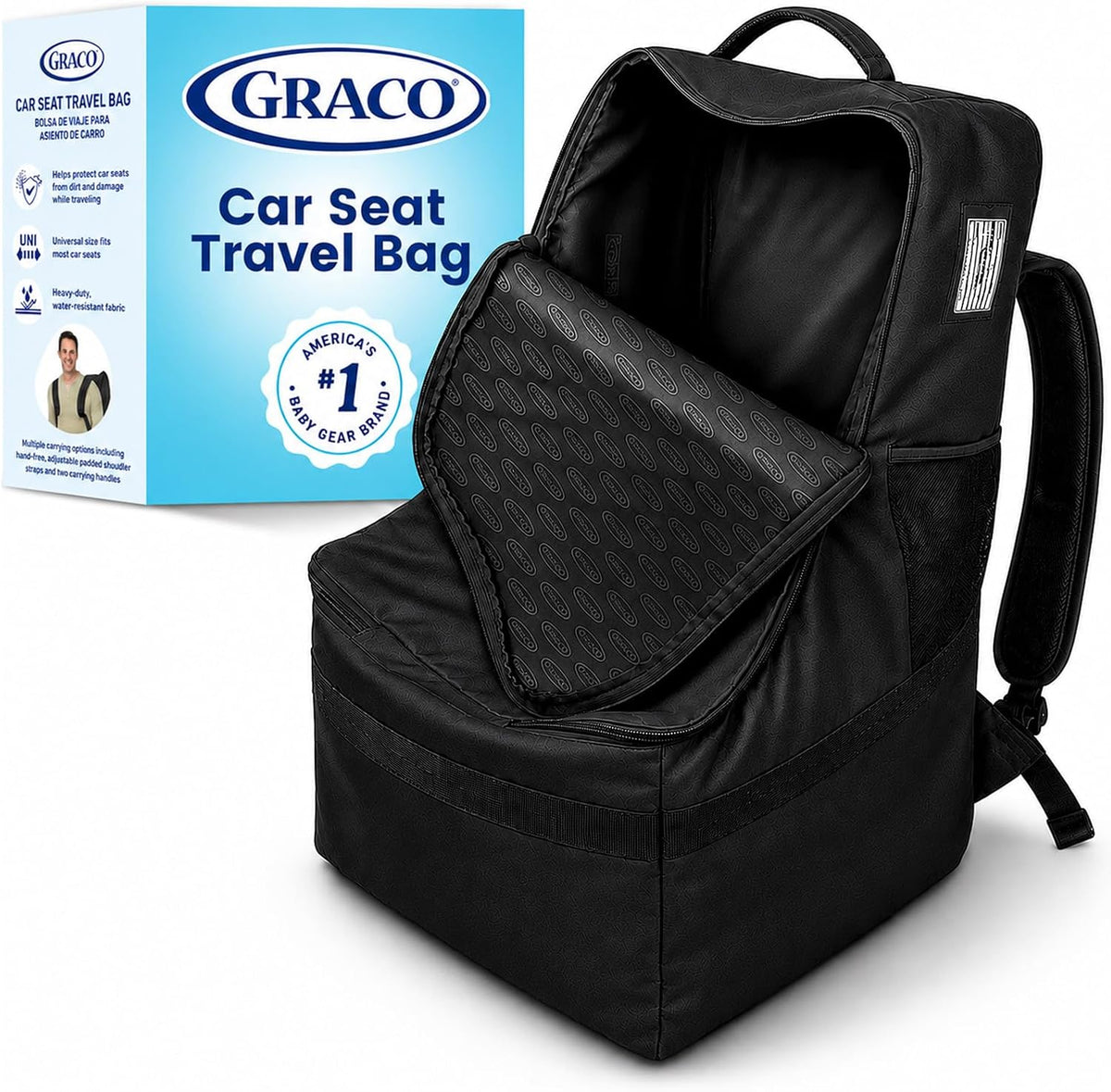 Graco Padded Car Seat Travel Bag & Infant Carrier Backpack, Black | Durable Large Back Pack, Double Padded Strap, Water Resistant Material, Airport Gate Check Bag