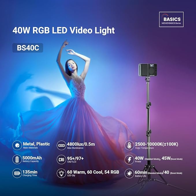 NEEWER BASICS BS40C Full RGB Magnetic Camera Video Light, 45W Boost Mode