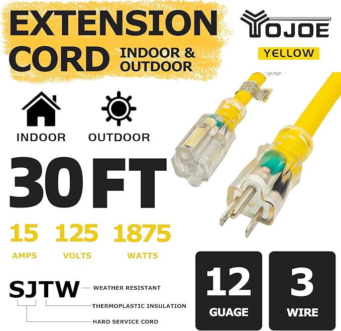 YOJOE Indoor Outdoor Extension Cord with Lighted End, 3 Prong 15A Weatherproof Power Cord, 12 Gauge Heavy Duty 30 ft Yellow Extension Cord for Garage, Garden and Home, 12/3 SJTW UL Listed