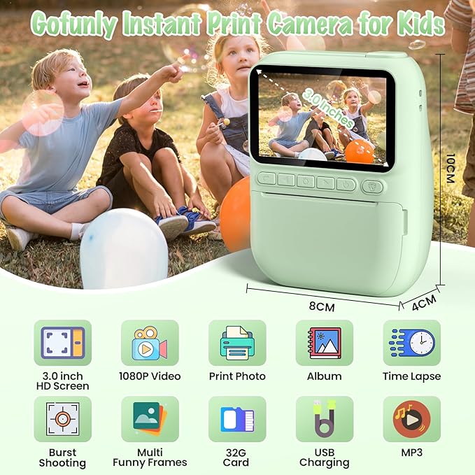 Kids Camera Instant Print, 3.0" HD 32MP 1080P Toddler Digital Camera