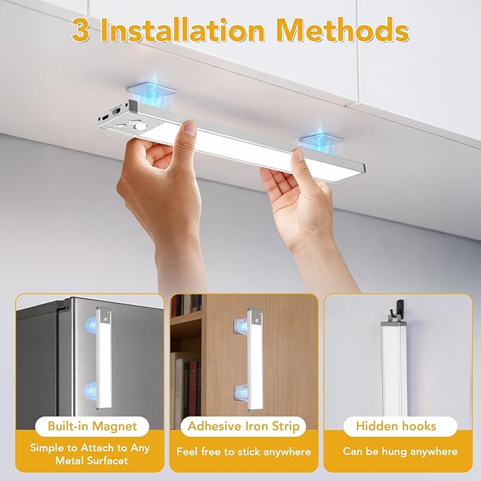 Under Cabinet Lighting, LED Motion Sensor Light Indoor with 3 Color Temps, 1500mAh USB Rechargeable Closet Lights, Dimmable Wireless Under Counter Lights for Stairway, Wardrobe, Kitchen(9Inch, 2 Pack)