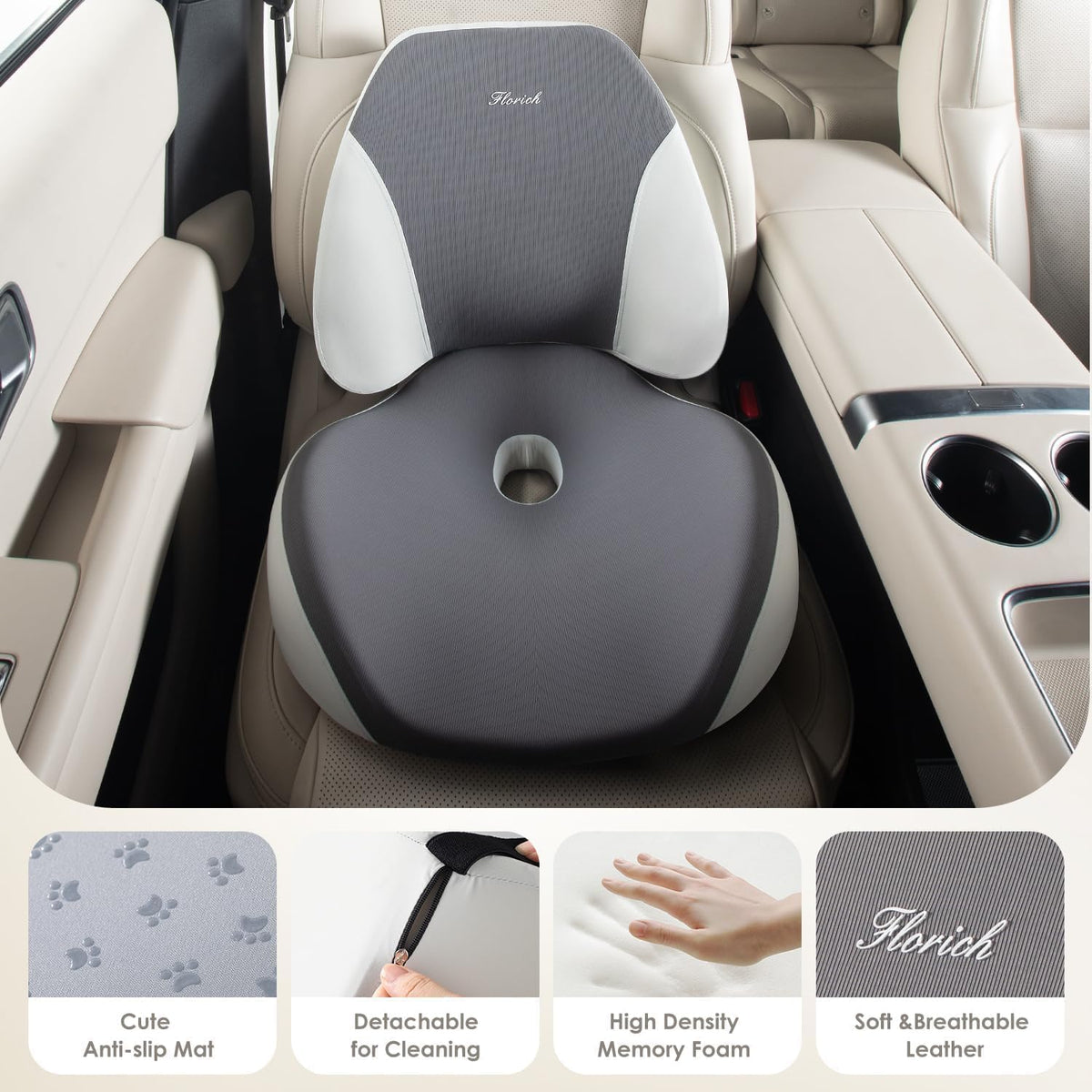FLORICH Upgraded Ergonomic Memory Foam Car Seat Cushion with Lumbar Support, Non-Slip, Washable Driving Seat Cushion for Back & Sciatica Pain Relief, Large Car Seat Cushion Driver, Office-Gray