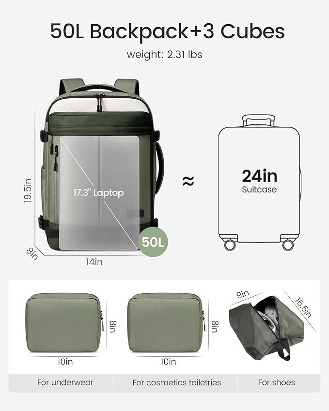 LOVEVOOK 50L Travel Backpack for Women Men, Airline Approved Carry On Luggage