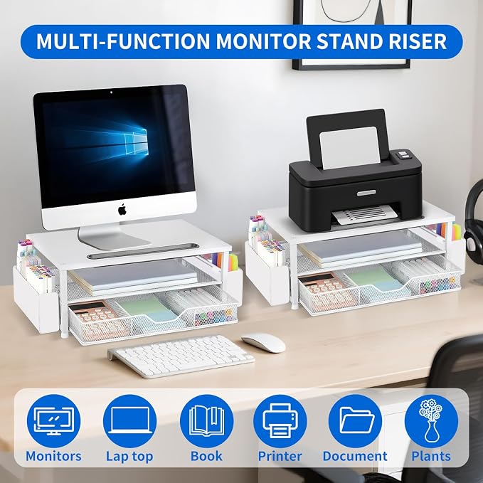 AUPSEN White Monitor Stand Riser, 2-Tier Wood Computer Desk Organizer