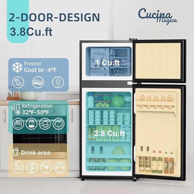3.8 Cu Ft Mini Fridge for Bedroom Small Fridge, Small Refrigerator | 2 Door Mini Fridge with Freezer 7 Level Thermostat, LED Light, for Bedroom, Office, Dorm