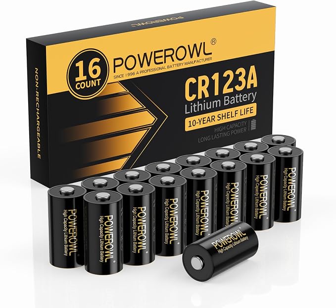 POWEROWL 123A 3V Lithium Battery 16 Count, High Capacity Cr123A 123 C123
