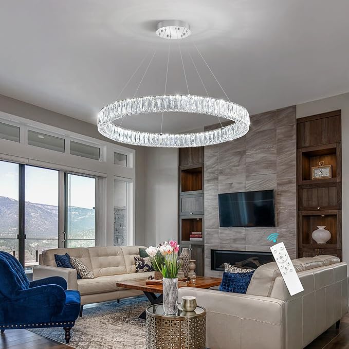 HAIXIANG Modern Crystal Chandelier Dimmable LED Ring Pendant Chandeliers Light