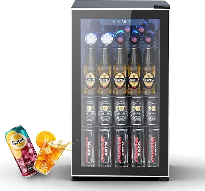 Electactic 26 Bottle Wine Cooler 130 Can Beverage Refrigerator, Small Freestanding Cabinet Wine Cellar with 40℉-61℉ Temperature Control Glass Door, Black
