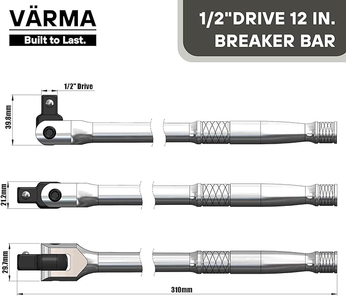 1/2-Inch Drive Breaker Bar, 12-Inch – Heavy Duty CR-MO Head & 18mm Thick Shaft – Dual-Knurled Non-Slip Grip, Constant Tension Flex Head, Premium Mirror Chrome Finish