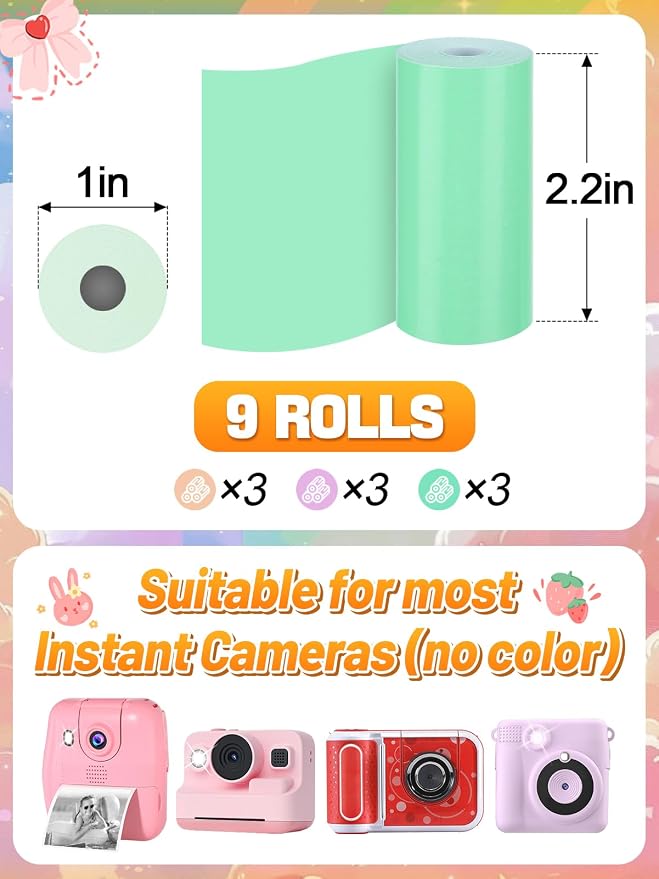 9 Rolls Kids Instant Camera Print Refill Paper- 1''×2.2'' Photo Printer Thermal