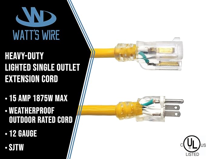 2 Pack - 1 ft Short Outdoor Extension Cord Waterproof - 12 Gauge Heavy Duty Extension Cord 1 ft - Lighted Outdoor Extension Cords - Watts Wire - Two Pack of 1' Grounded