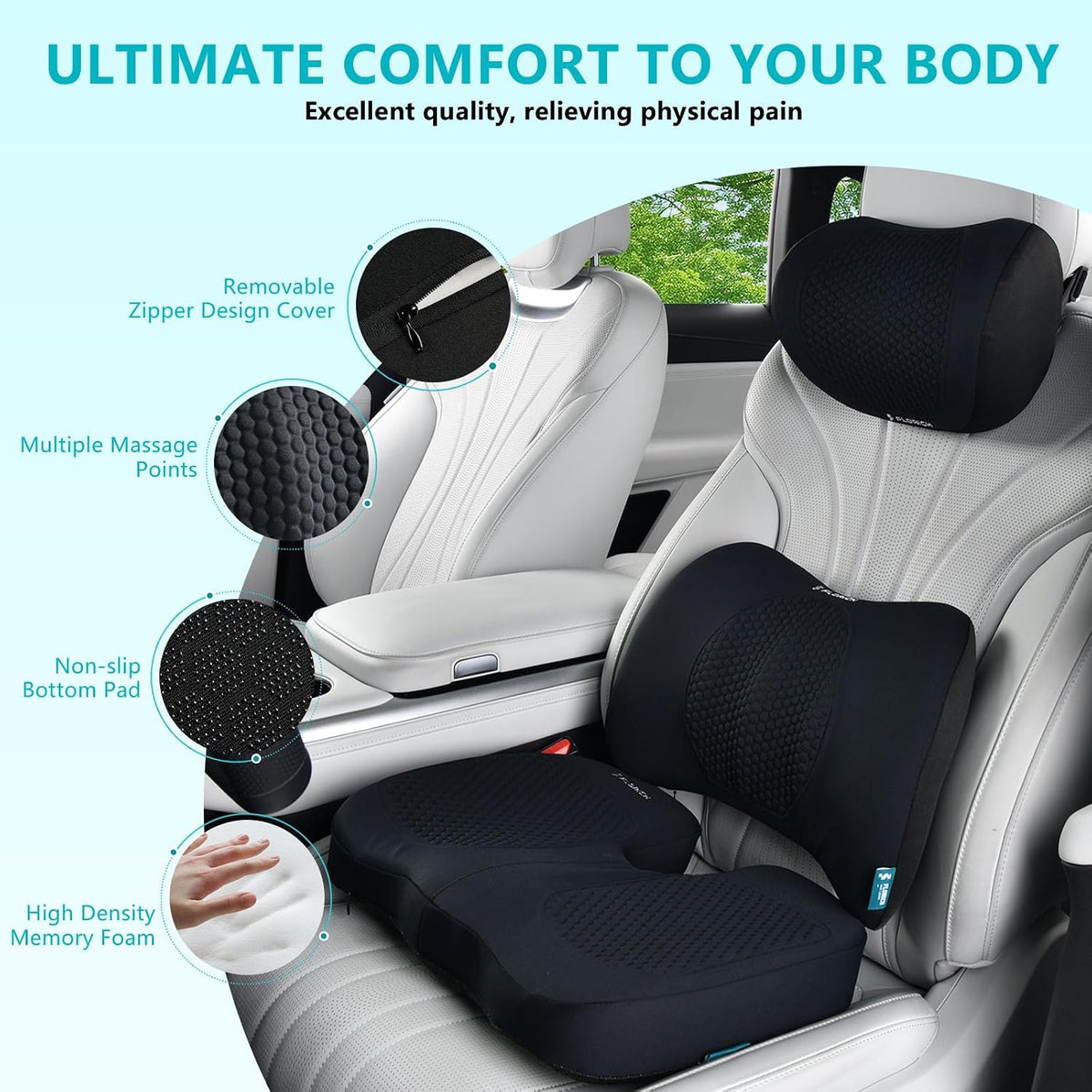 FLORICH 3 PCS Seat Cushion for Carseat Lumbar Support Pillow Car Neck Headrest Pillow 100% Memory Foam Seat Pads Pressure Relief Back Cushion for Office Chair(Black)