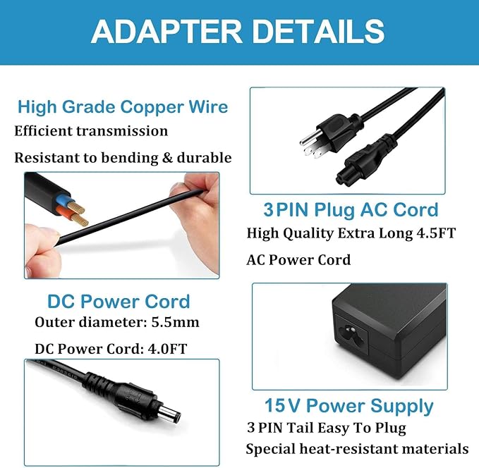 15V Power Cord Compatible with Neewer Photo Studio Ring Light NW-150480D2 Power