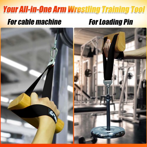 Ergonomic Arm Wrestling Handle with Wooden Grip, Wrist & Forearm Strength Training Attachment for Cable Machines (Black)