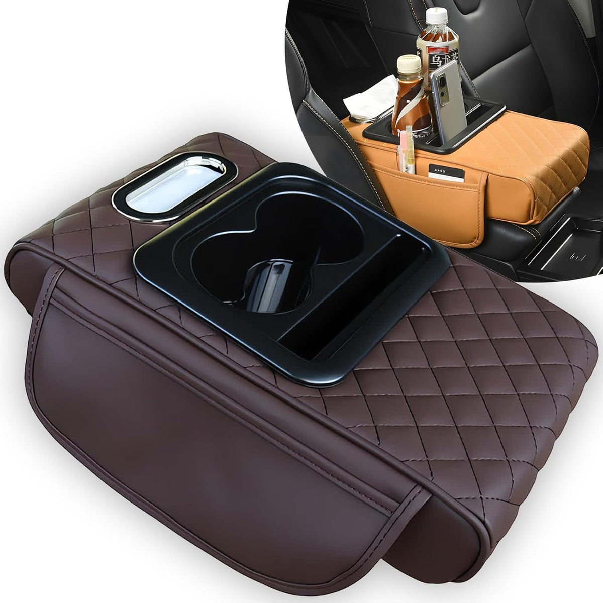 Multifunctional PU Leather Car Armrest Box Mat, 5-in-1 Multifunctional Car Armrest Cushion, Center Console Cover with 2 Cup Holder, For Storing Tissues,Phones,Wallets,Drinks,for Most Cars (Red)