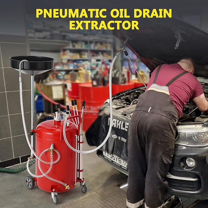 20 Gallon Waste Oil Drain Tank, Oil Drain Extractor, Pneumatic Drainer for Automotive Fluids, Portable Waste Oil Container with Air Operation (20 Gallon-Red-Large)