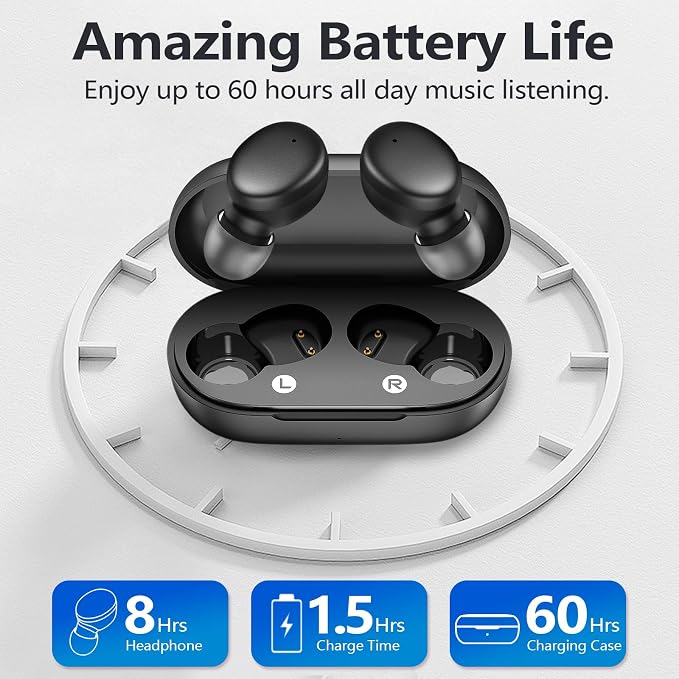 MOZOTER Mini Wireless Earbuds Bluetooth 5.3 in Ear Headphones Headsets | Light Weight,60Hrs Playtime Ear Buds with Charging Case,Smart Touch Control,Premium Sound with Deep Bass for Sport-Black
