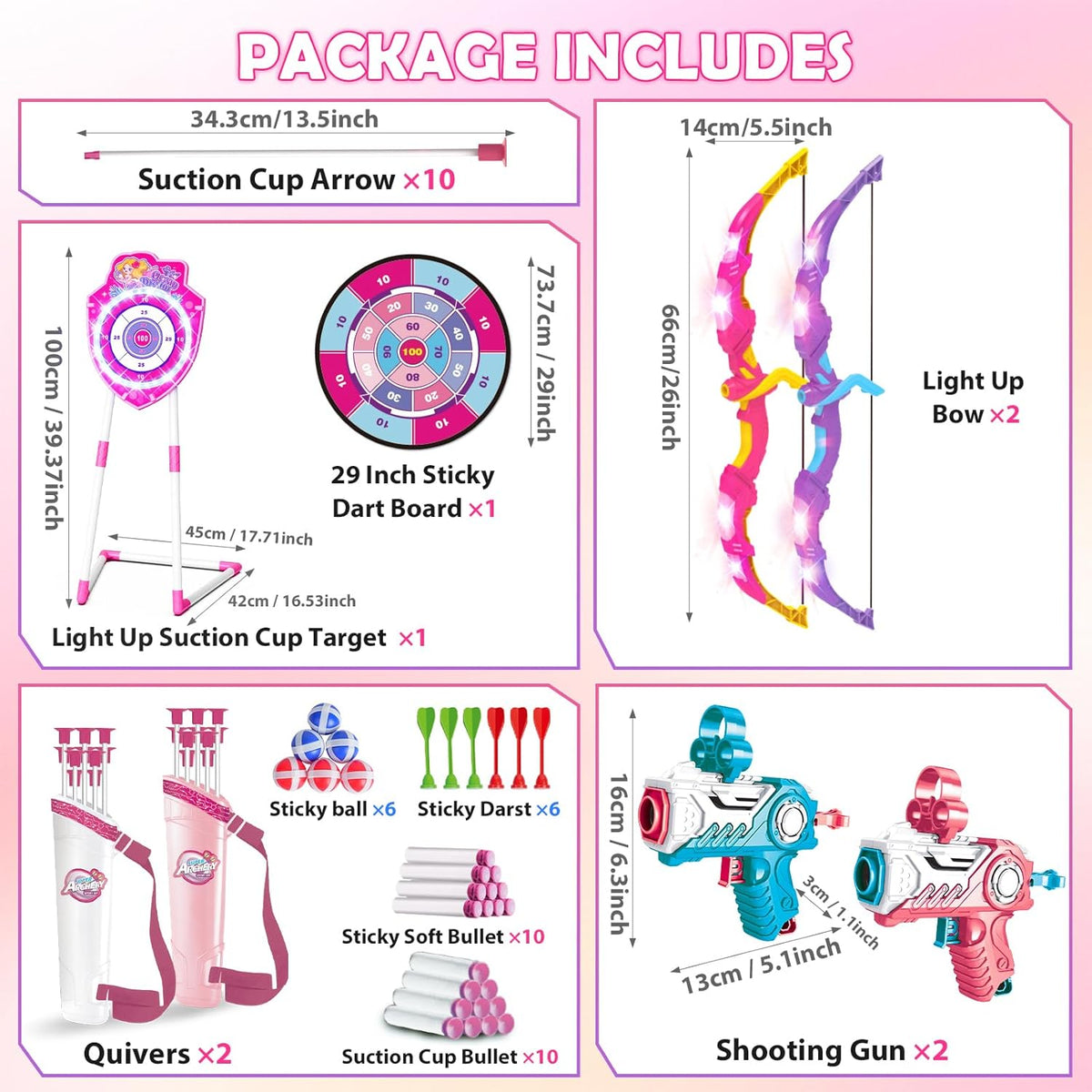 VATOS Bow and Arrow Toy Set - 4-in-1 Archery & Dart Game with LED Light, 20 Suction Cup Arrows & Mermaid Target | Indoor/Outdoor Gift for Kids Ages 5-12