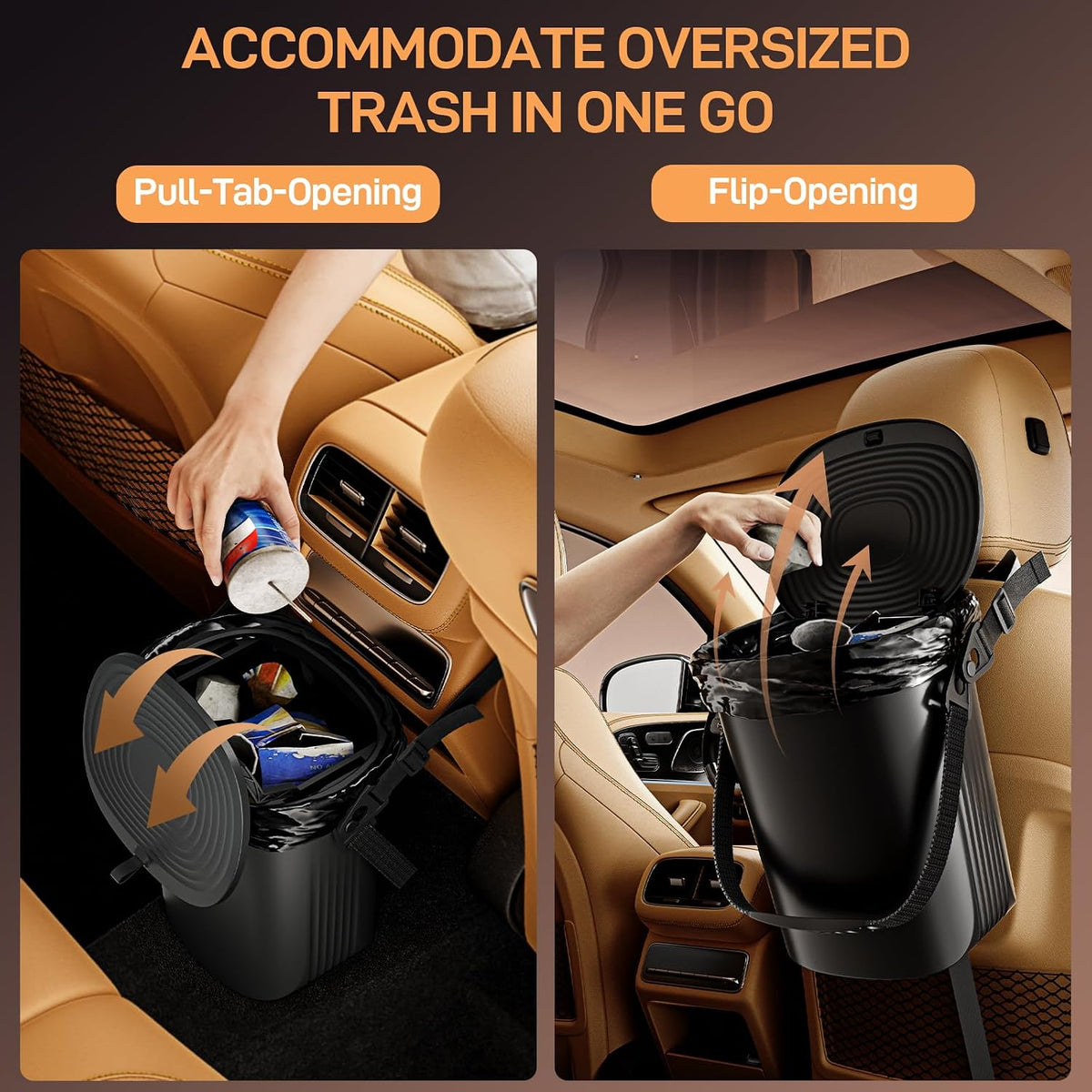 Waretary Car Trash Can with Lid, Leakproof Silicone, 2 Gallon, Black