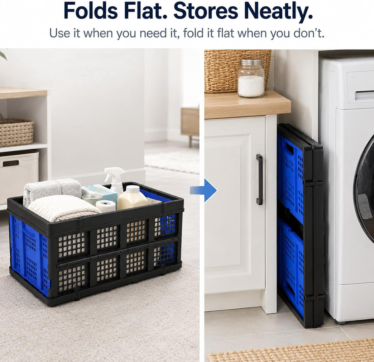 Collapsible Storage Crates 2 Pack, Heavy Duty Foldable Plastic Storage Bins, Stackable Garage & Trunk Organizers for Car, Home, Grocery & Moving Storage, 49L, Blue