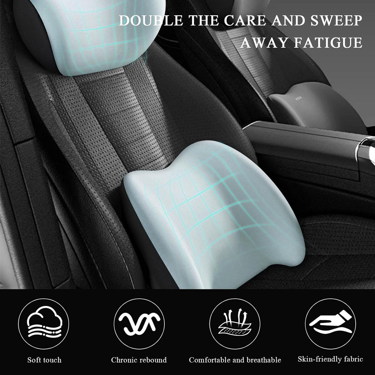 Car Headrest & Lumbar Support Cushion, Ergonomic Memory Foam Car Neck Back Support w/Removable Cover, Universal Breathable Lumbar Cushion Headrest Pillow with Adjusatble Strap (Sky Blue)