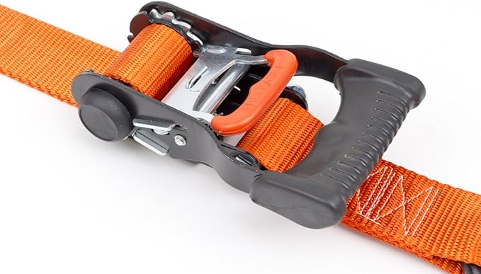 PowerTye 1.5in x 7ft Ergonomic Locking Ratchet Straps with Heavy-Duty S-Hooks - Made in USA - 1,000 lb. Working Load Limit / 3,000 lb. Breaking Strength - Orange (Pair)