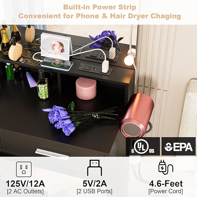 Makeup Vanity with Lighted Mirror & Outlet Charging Station, Vanity Set Makeup Table with Hair Dryer Holder, 3 Lighting Colors, Brightness Adjustable, 31.5in(W)